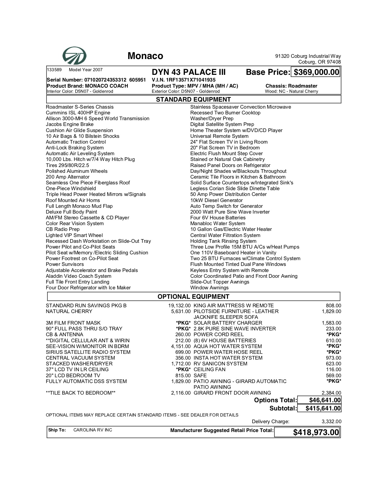 2007 Monaco Dynasty For Sale